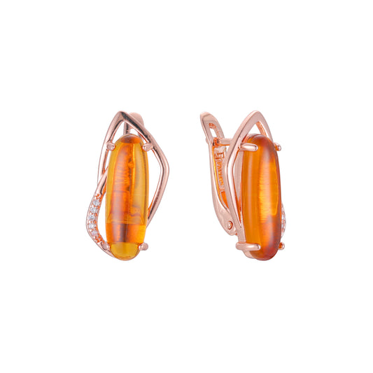 Aretes solitarios con piedra naranja grande en Oro de 14K, Oro Rosa, baño de dos tonos