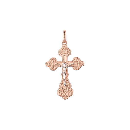 Catholic cross budded pendant in Rose Gold two tone, 14K Gold plating colors