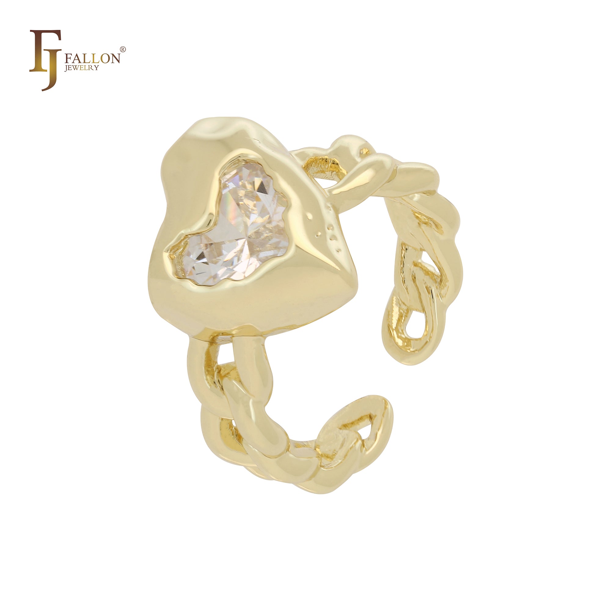 Chain link irregular heart solitaire white CZ 14K Gold Open Rings