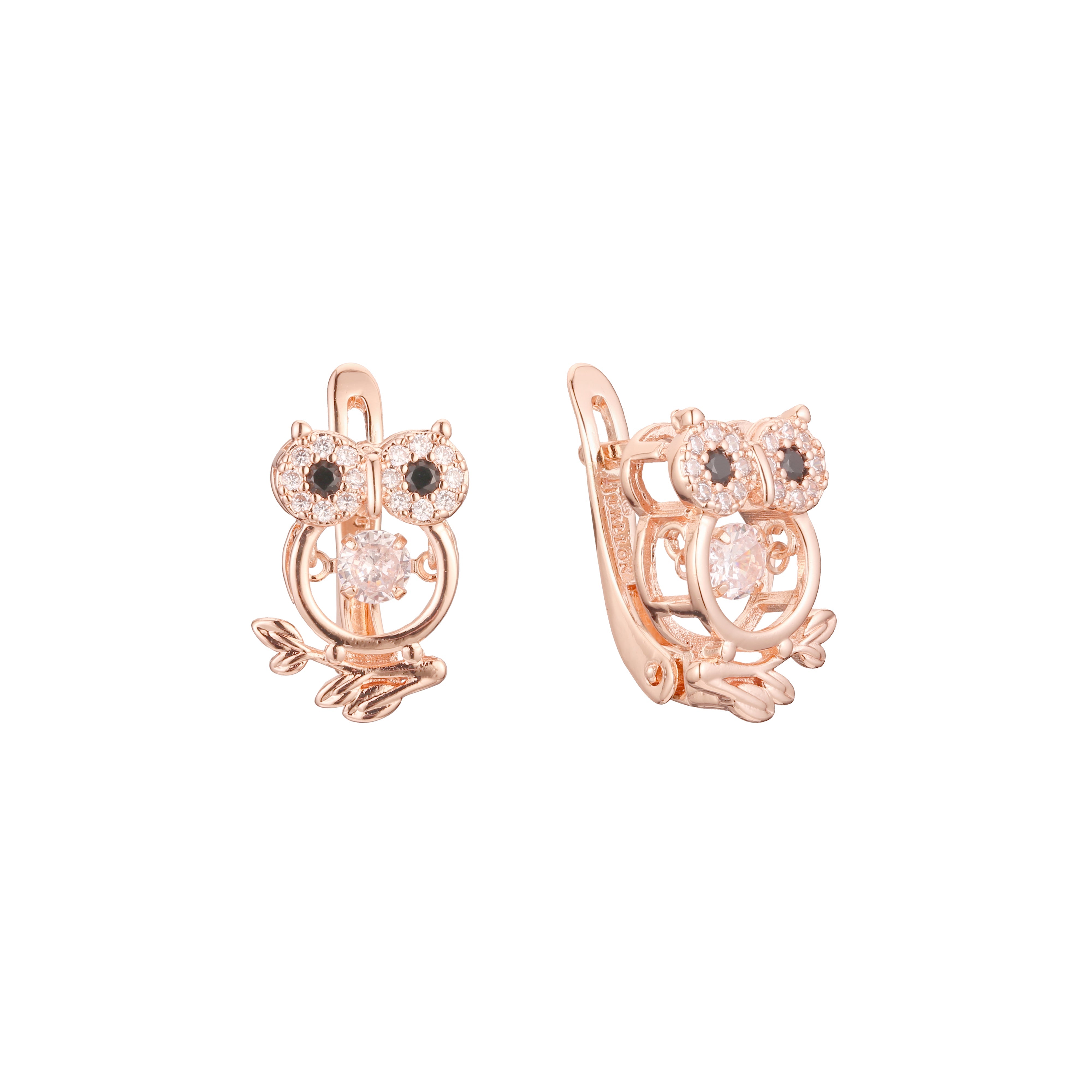 Owl and leaves cluster earrings in 14K Gold, Rose Gold plating colors