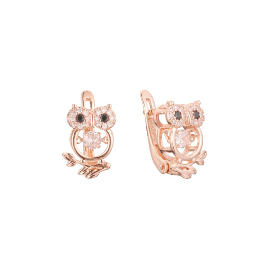 Owl and leaves cluster earrings in 14K Gold, Rose Gold plating colors