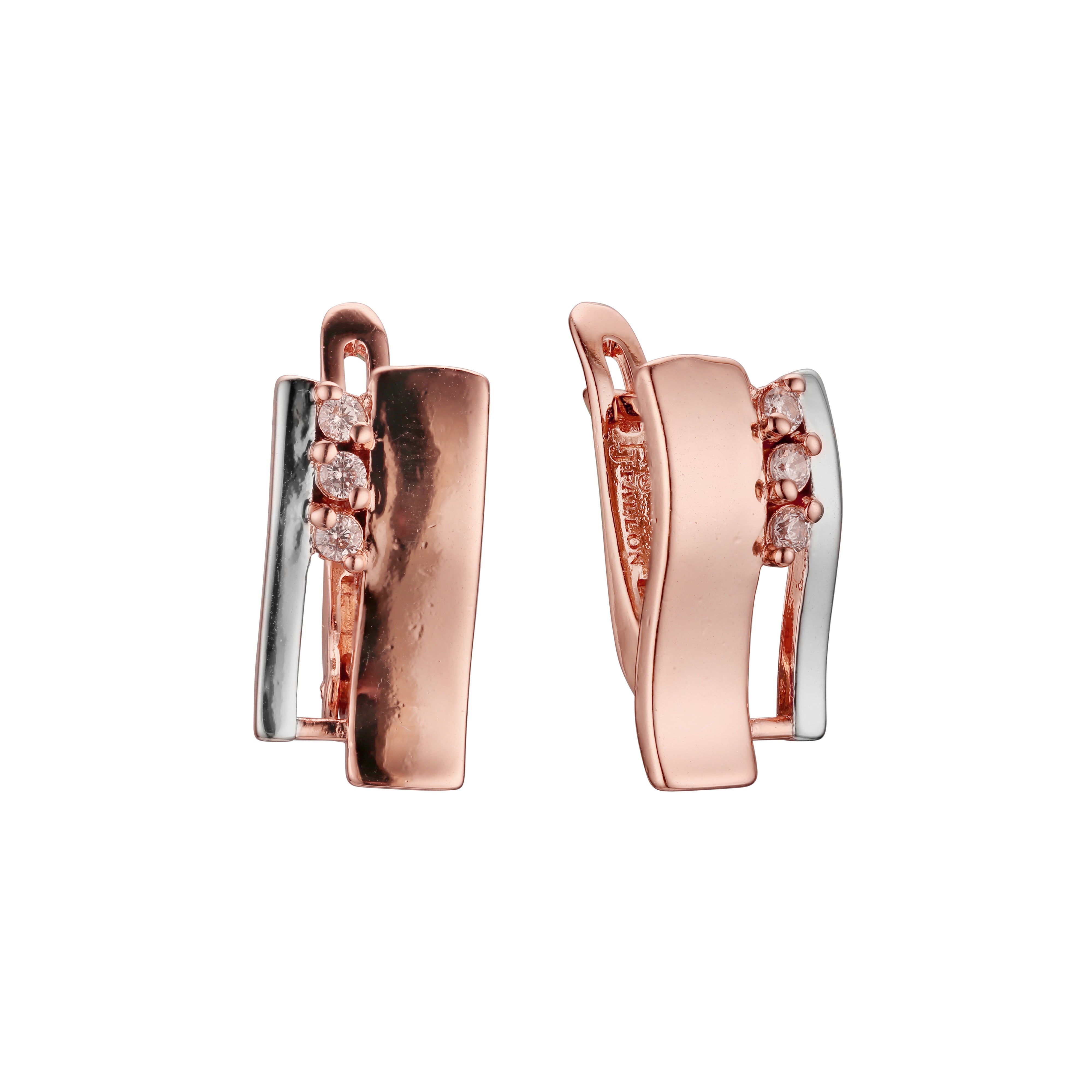 Three stones earrings in Rose Gold, two tone plating colors