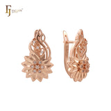 Sunflower blooming paved white CZs 14K Gold, Rose Gold earrings