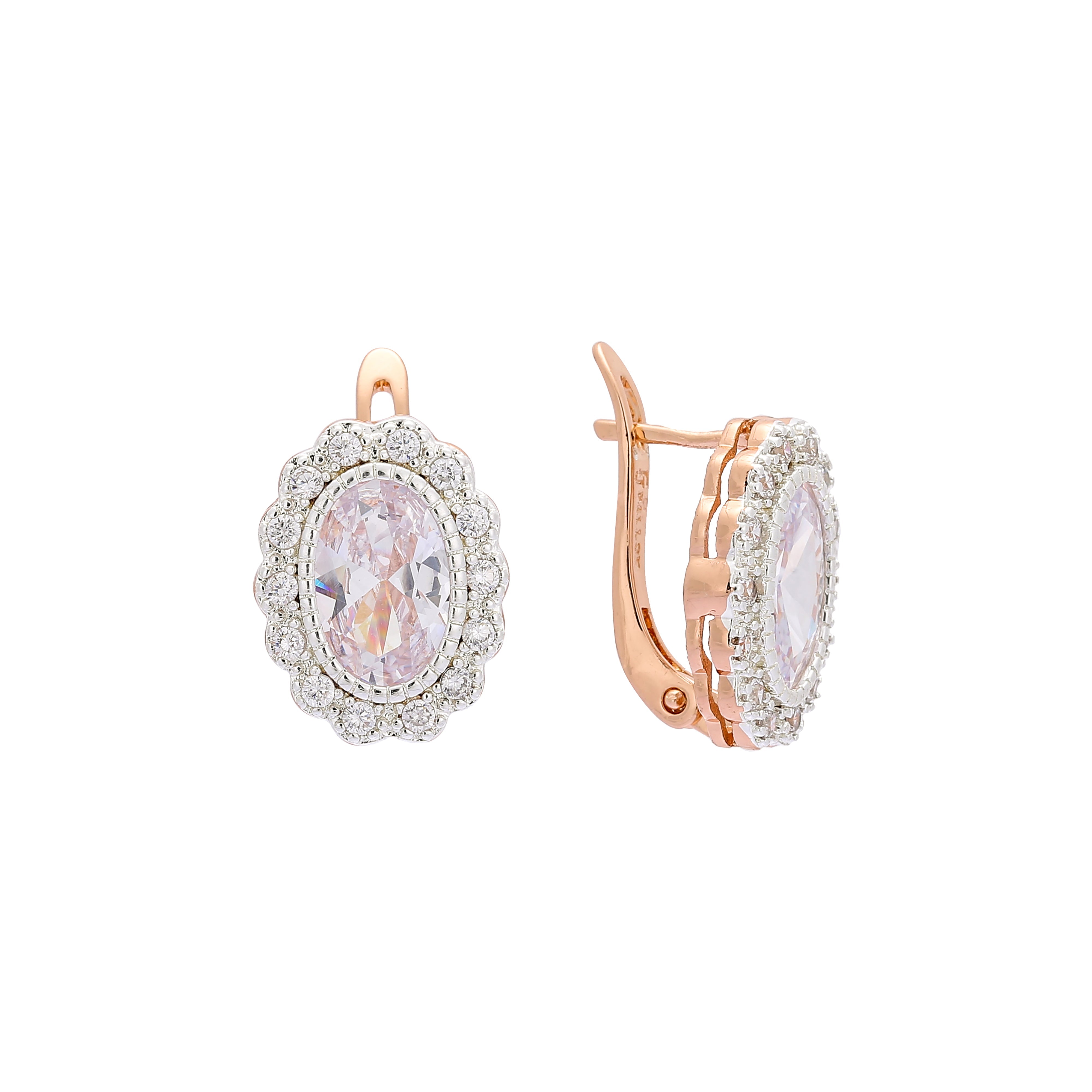 Big stone halo earrings in 14K Gold, Rose Gold, two tone plating colors