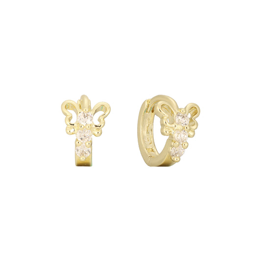 Aretes tipo mariposa con piedras triples en oro de 14K, baño de oro rosa en colores