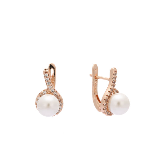 Solitaire pearl paved cz Rose Gold earrings