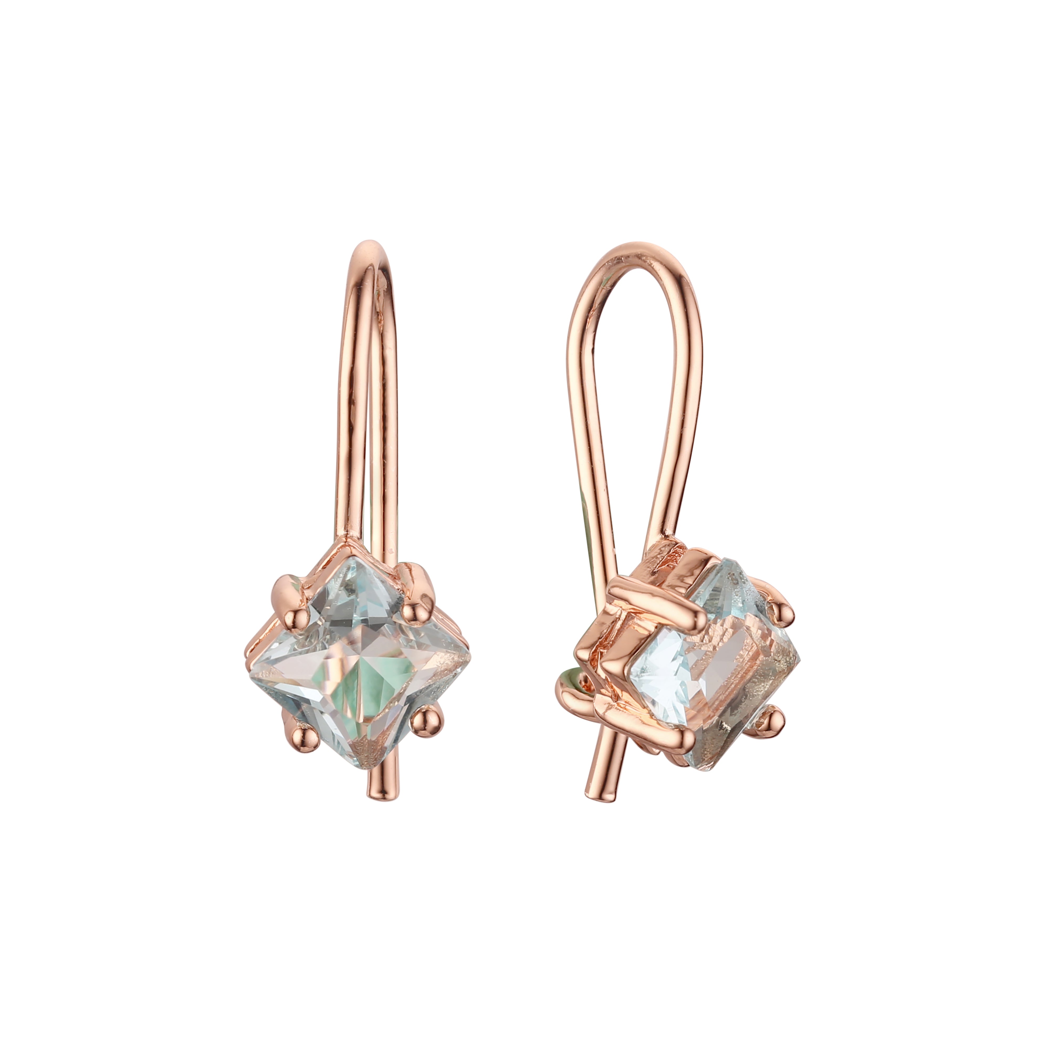 Solitaire squared CZ wire hook earrings in 14K Gold, Rose Gold, plating colors