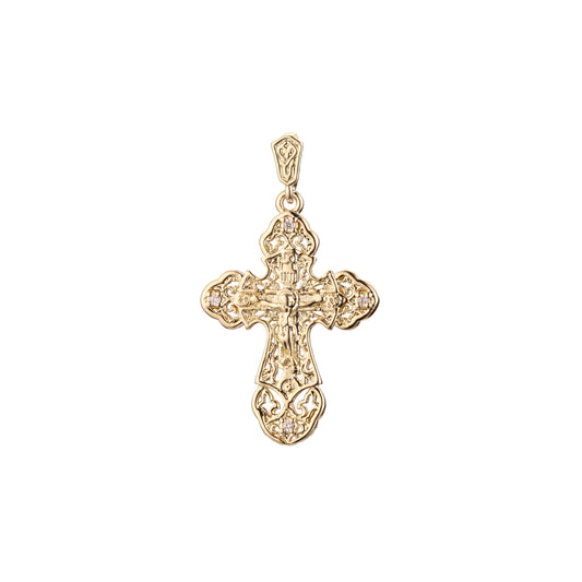 Colgante de cruz católica con capullo en oro rosa y baño de Oro 14K.