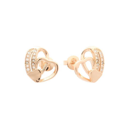 Heart in heart paved white cz 14K Gold, Rose Gold stud earrings