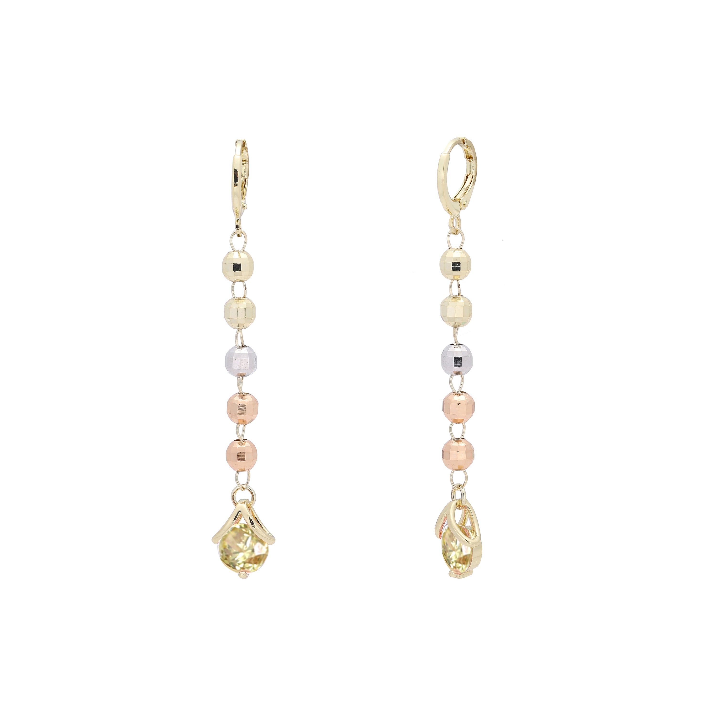 Beads and solitaire drop huggie earrings plated in 14K Gold two tone color