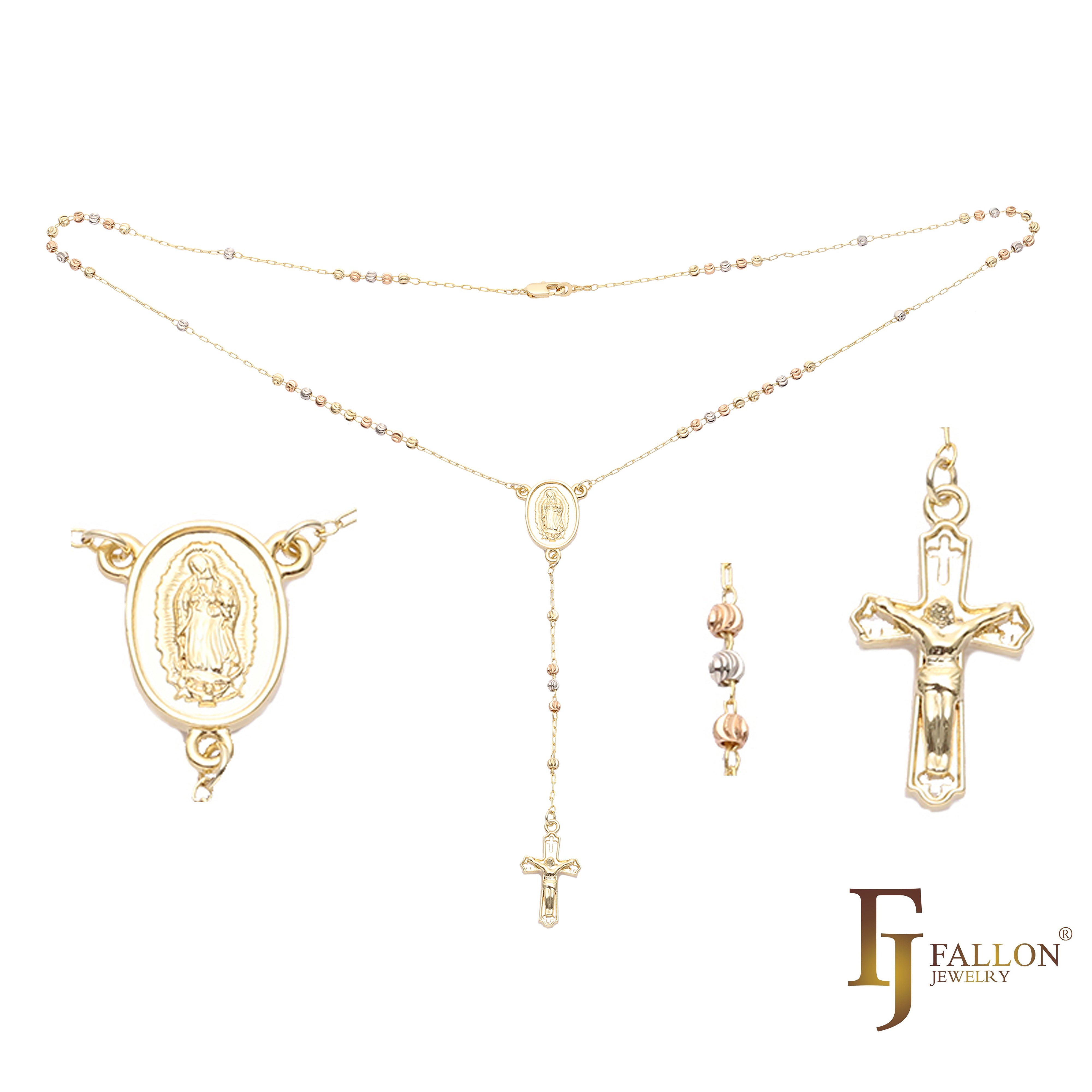 Italian Virgin of Guadalupe Catholic Rosary Necklace plated in 14K Gold two tone