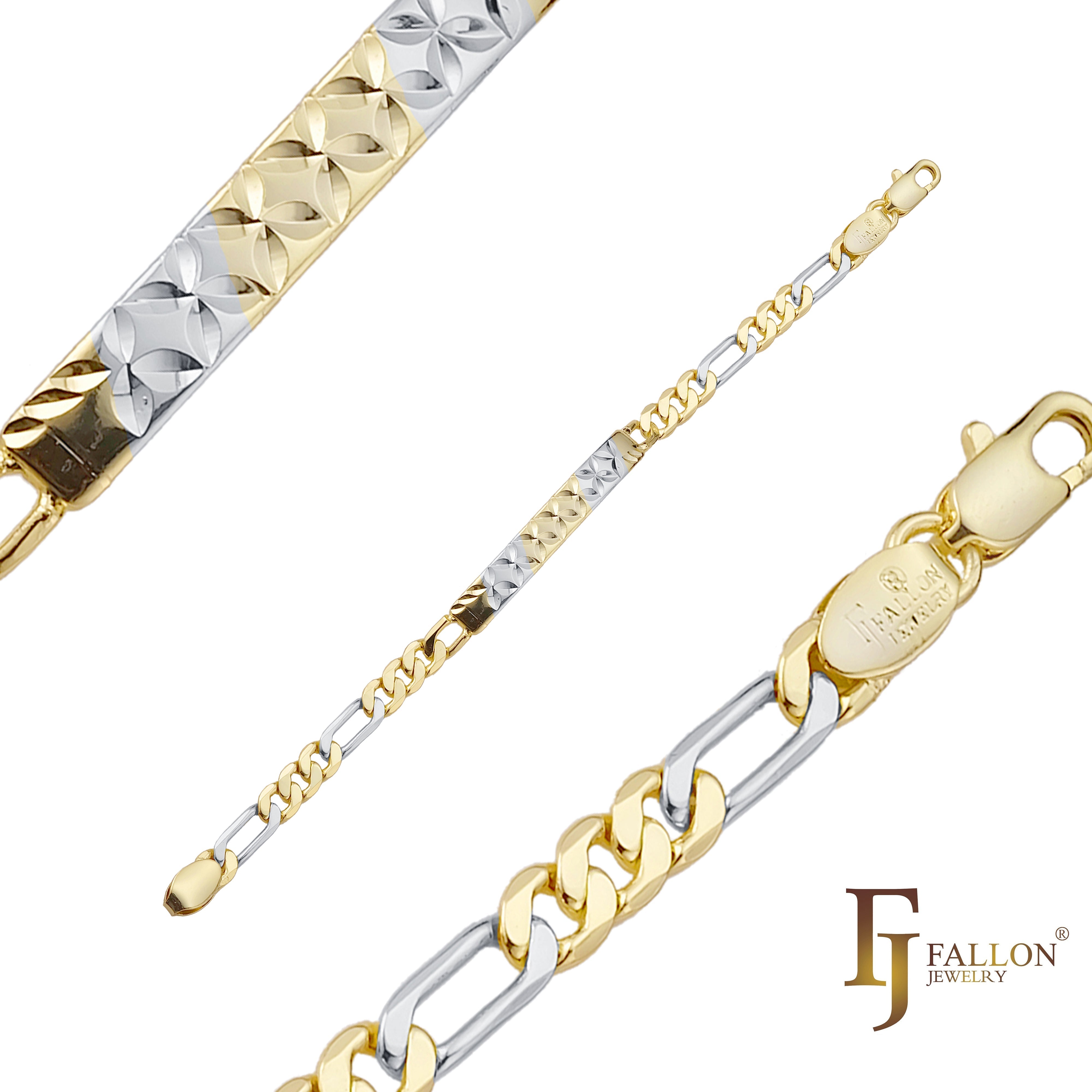 Figaro link 14K Gold, two tone, three tone Men's Clover ID bracelets