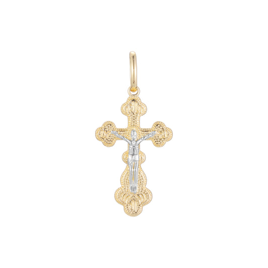 Colgante de cruz católica con capullo en Oro 14K, dos tonos de oro rosa y baño de oro blanco