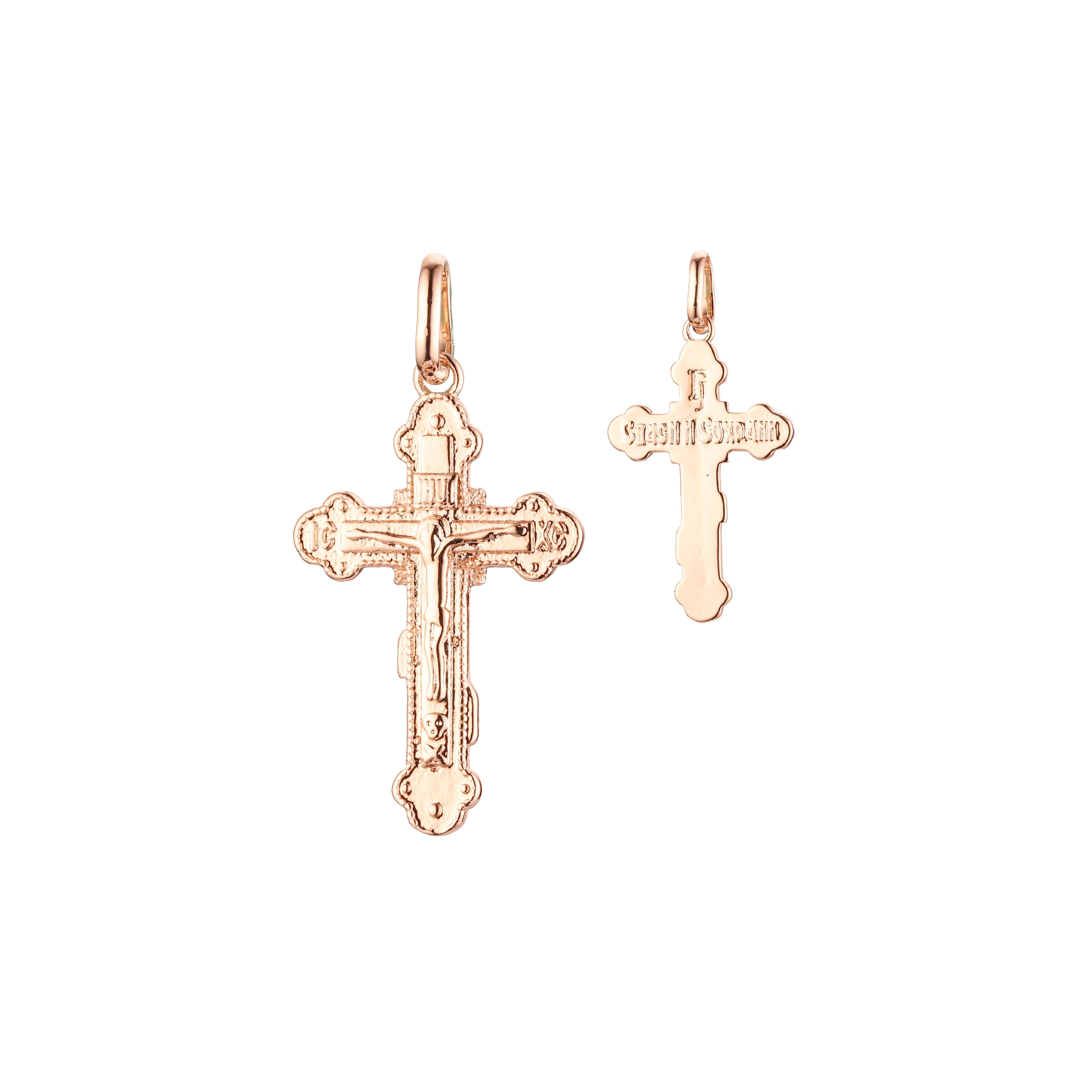 Colgante de cruz católica en flor con baño de Oro 14K, oro rosa y oro blanco.