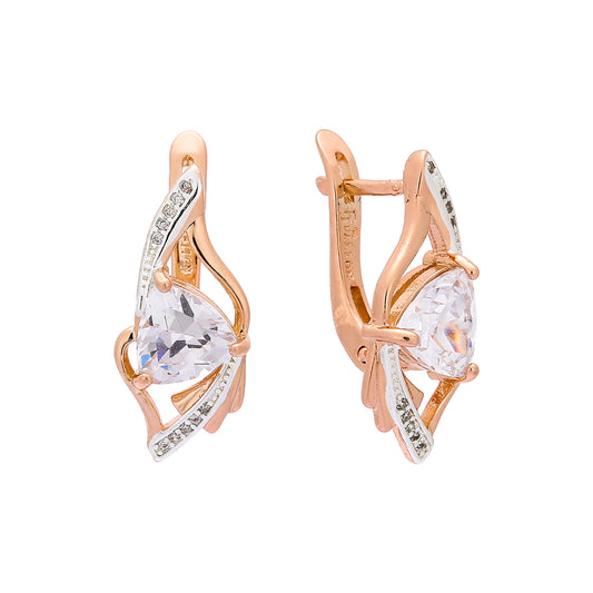 Solitaire paved white cz Rose Gold, two tone earrings