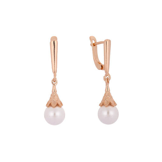 Aretes colgantes de perlas en Oro 14K, colores baño de oro rosa