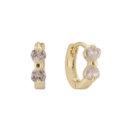 Double heart stones huggie earrings in 14K Gold, Rose Gold plating colors