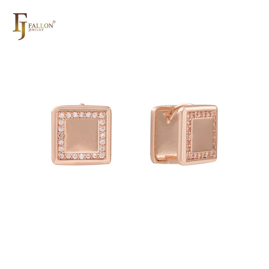 Squared Halo white CZs cluster 14K Gold, Rose Gold huggie earrings