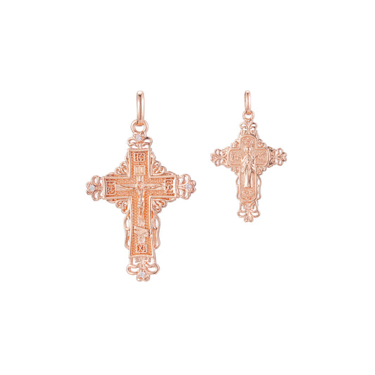 Catholic cross budded pendant in Rose Gold two tone, 14K Gold plating colors