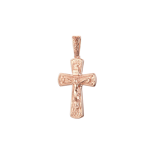 Colgante cruz católica florecida en Oro Rosa bicolor, baño de Oro 14K colores