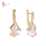 Solitaire elegant triangular colorful CZ 14K Gold, Rose Gold, two tone earrings