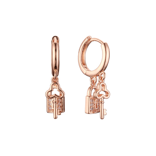 Huggie earrings of lock and key in 14K Gold, Rose Gold plating colors