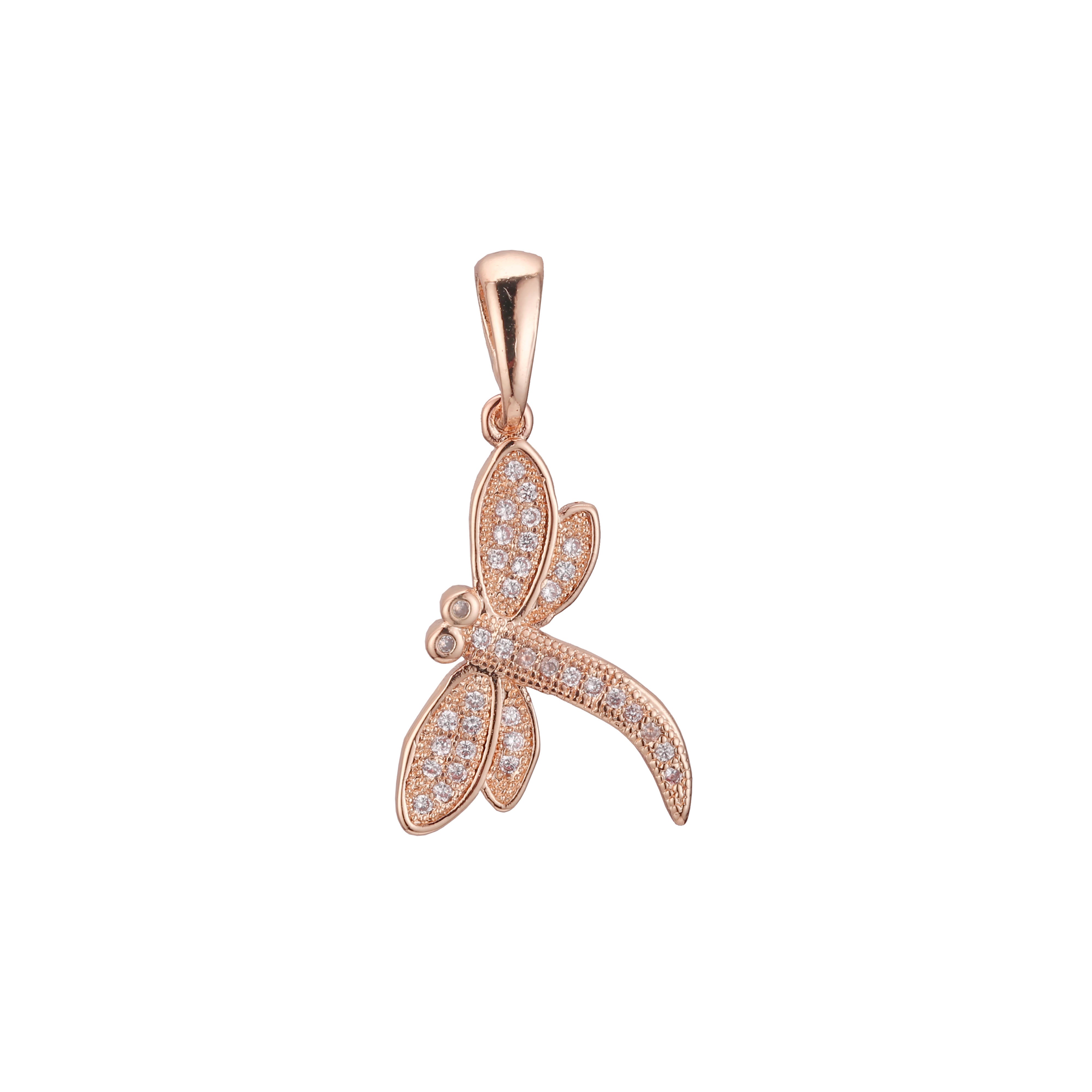 Pingente de libélula em ouro 14K, ouro rosa, cores banhadas a ouro branco