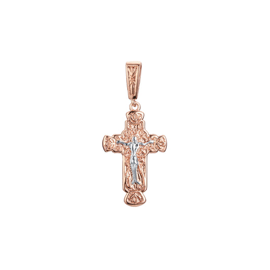 Colgante cruz católica florecida en Oro Rosa bicolor, baño de Oro 14K colores