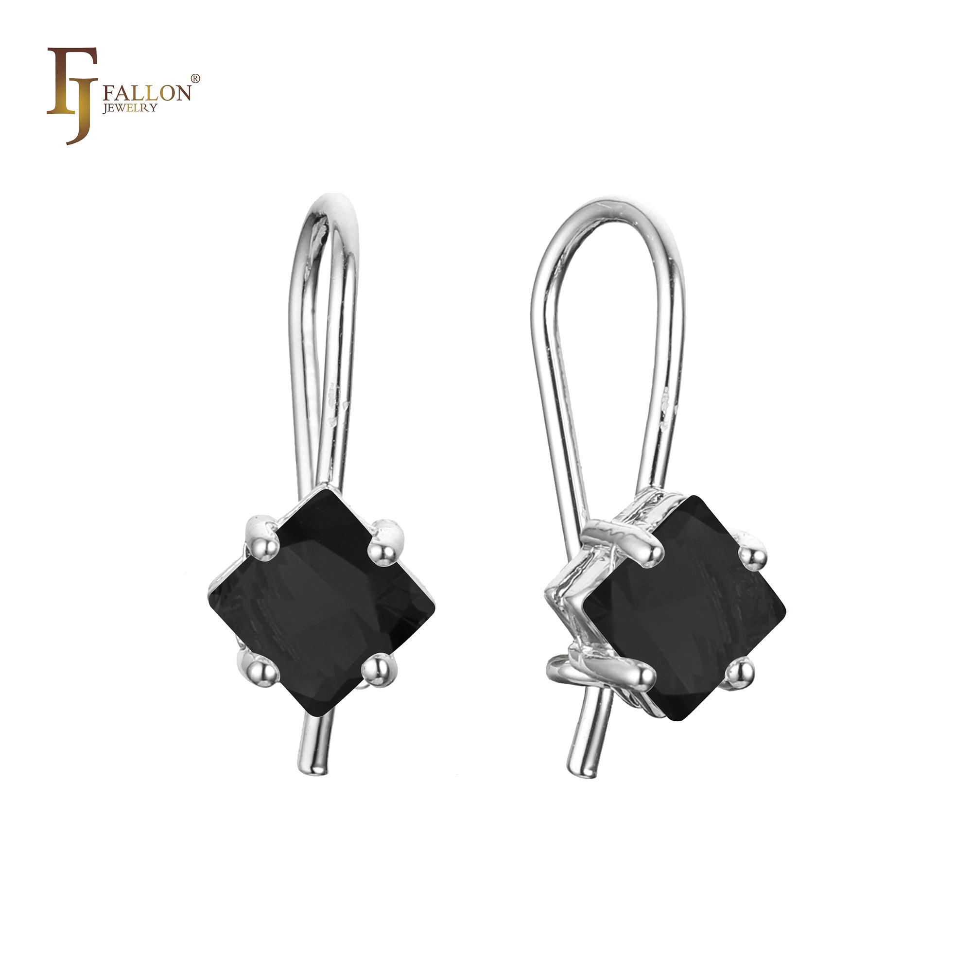 Solitaire squared CZ wire hook earrings in 14K Gold, Rose Gold, plating colors