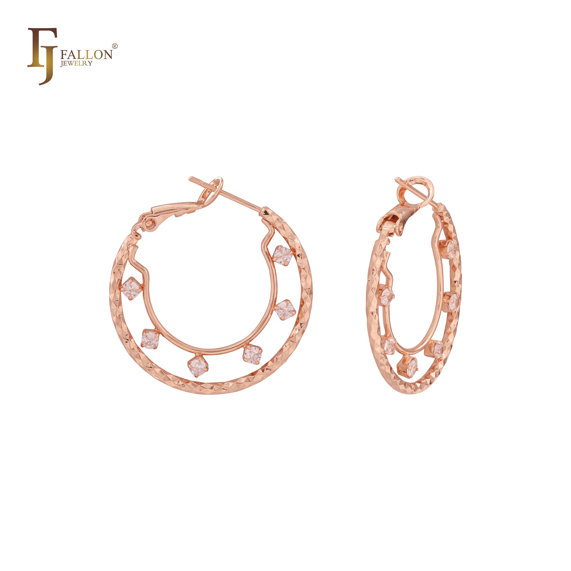 Cluster White CZs dotted 14K Gold textured Hoop earrings