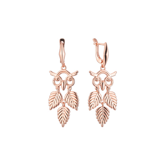 Aretes de Búho y tres hojas en Oro de 14K, baño de Oro Rosa colores