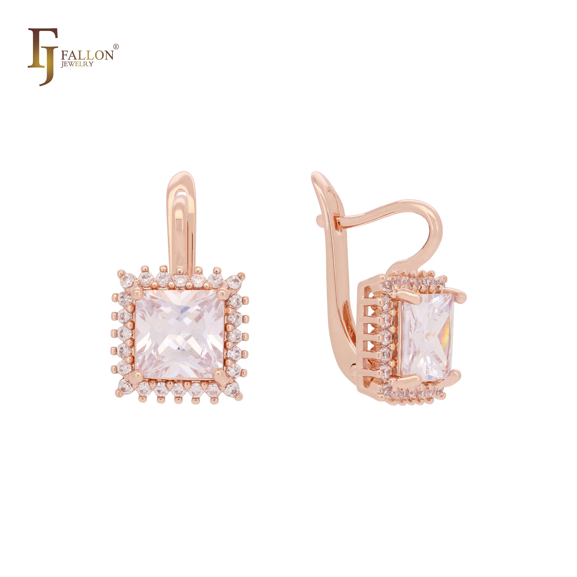 Pendientes Halo Cuadrado CZs Blancas Oro Rosa