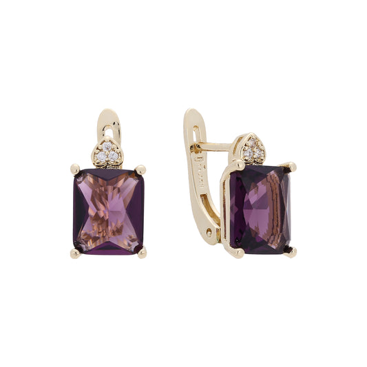 Pendientes grandes de oro rosa con piedra CZ en talla esmeralda