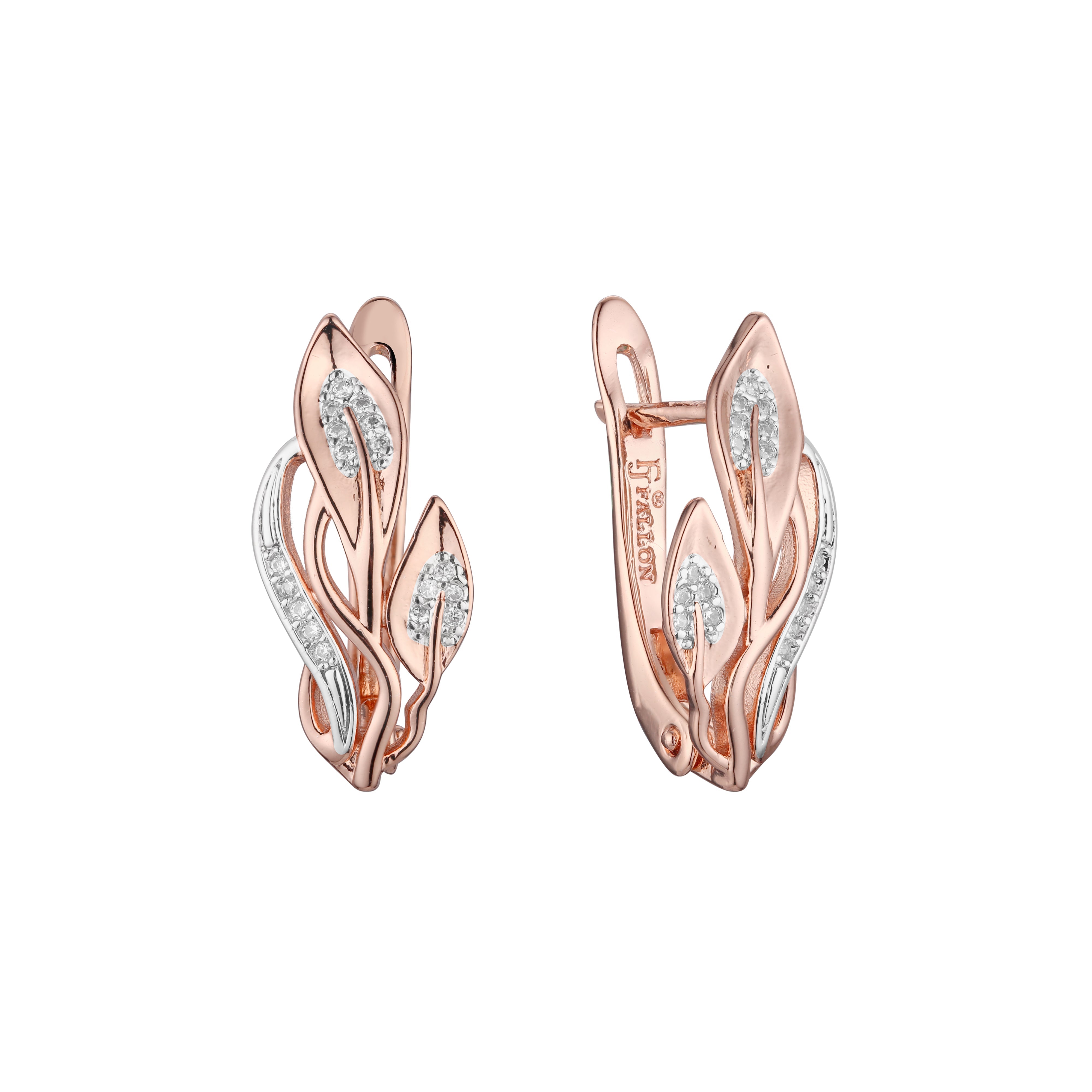 Aretes de racimo de hojas dobles Oro 14K, Oro rosa, baño de dos tonos