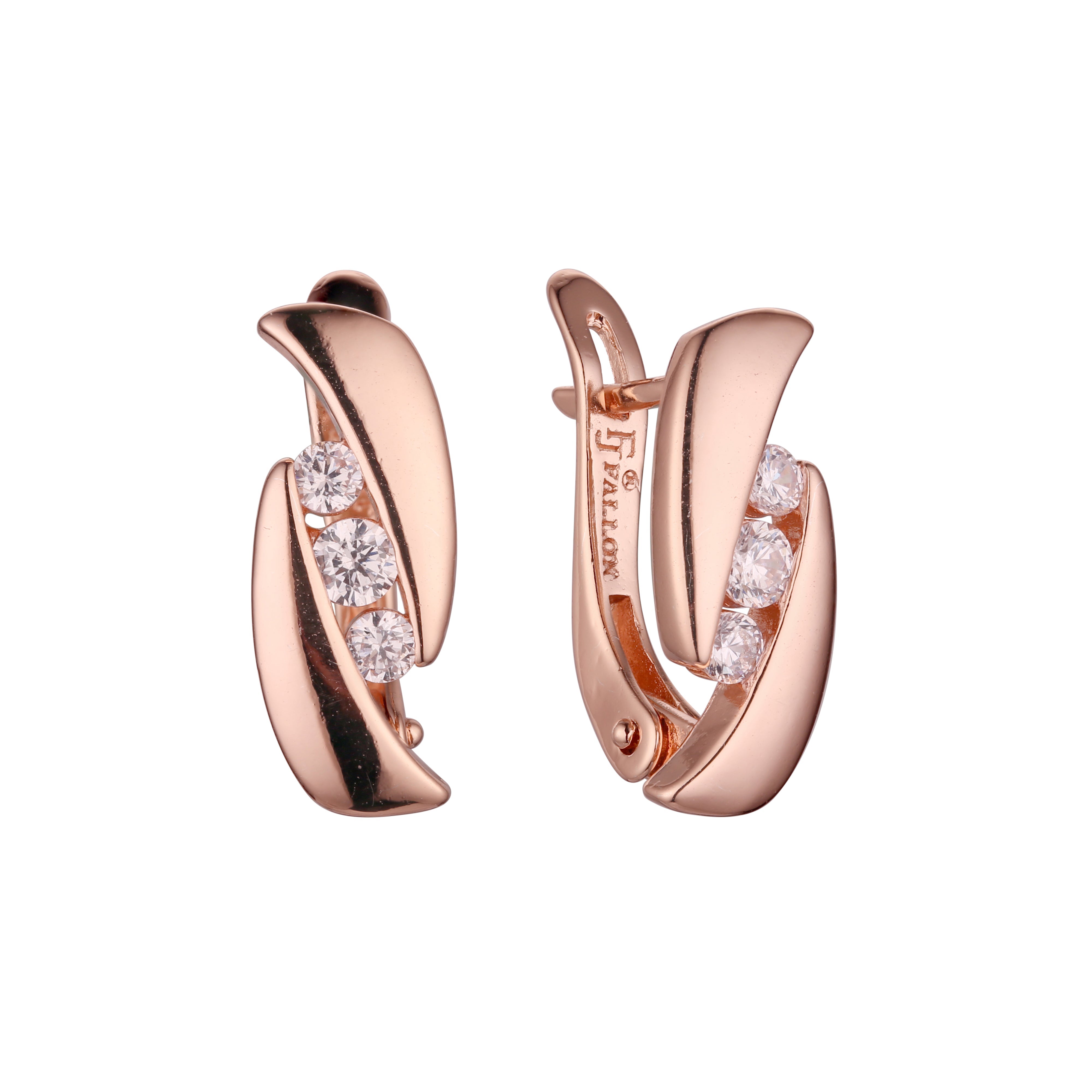 Three stones earrings in 14K Gold, Rose Gold, two tone plating colors