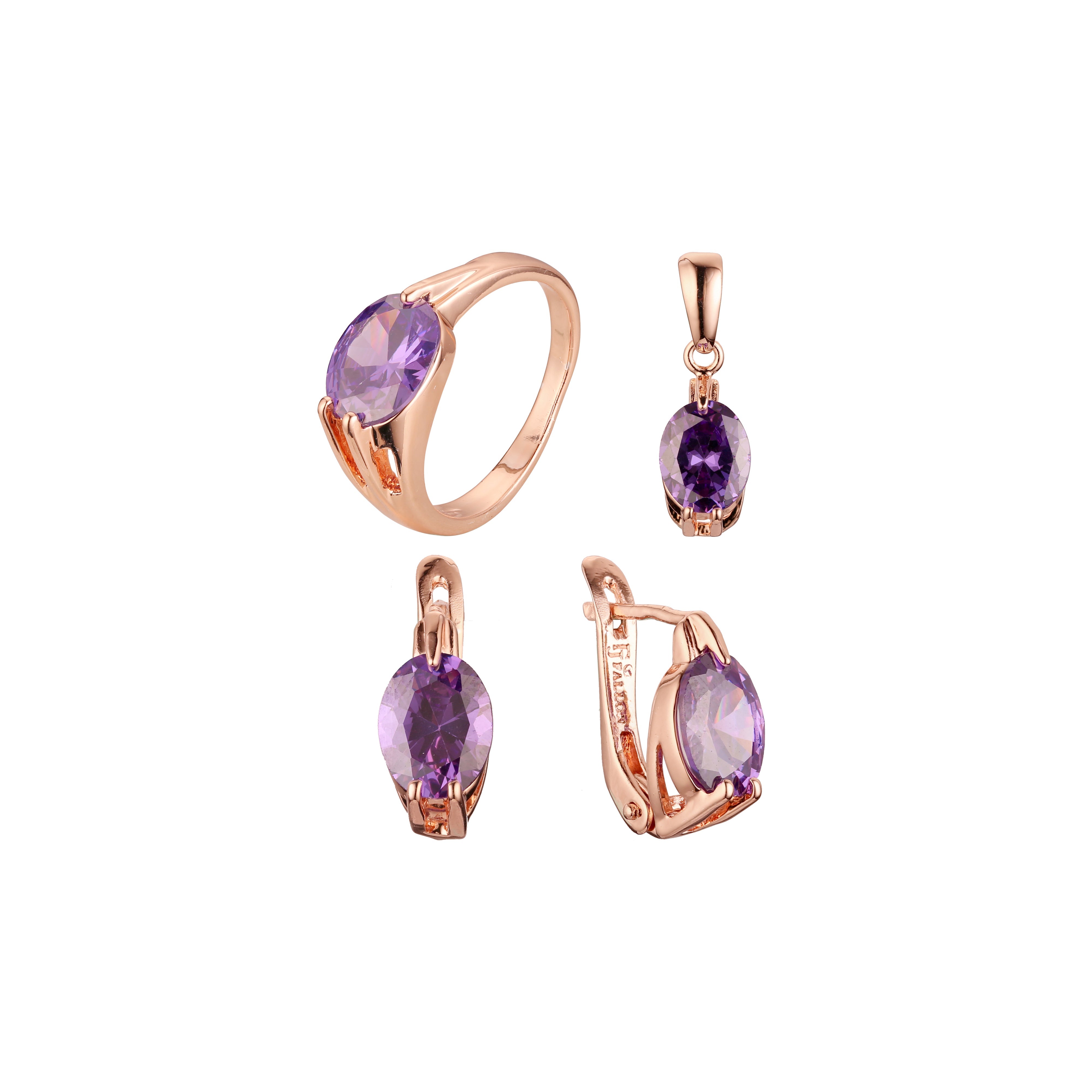 Solitaire oval light purple jewelry set plated in 14K Gold, Rose Gold