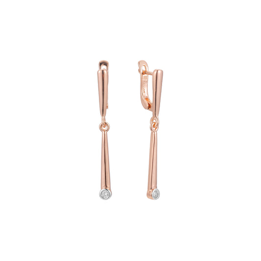 Aretes solitarios altos en Oro de 14K, Oro Rosa, baño de dos tonos