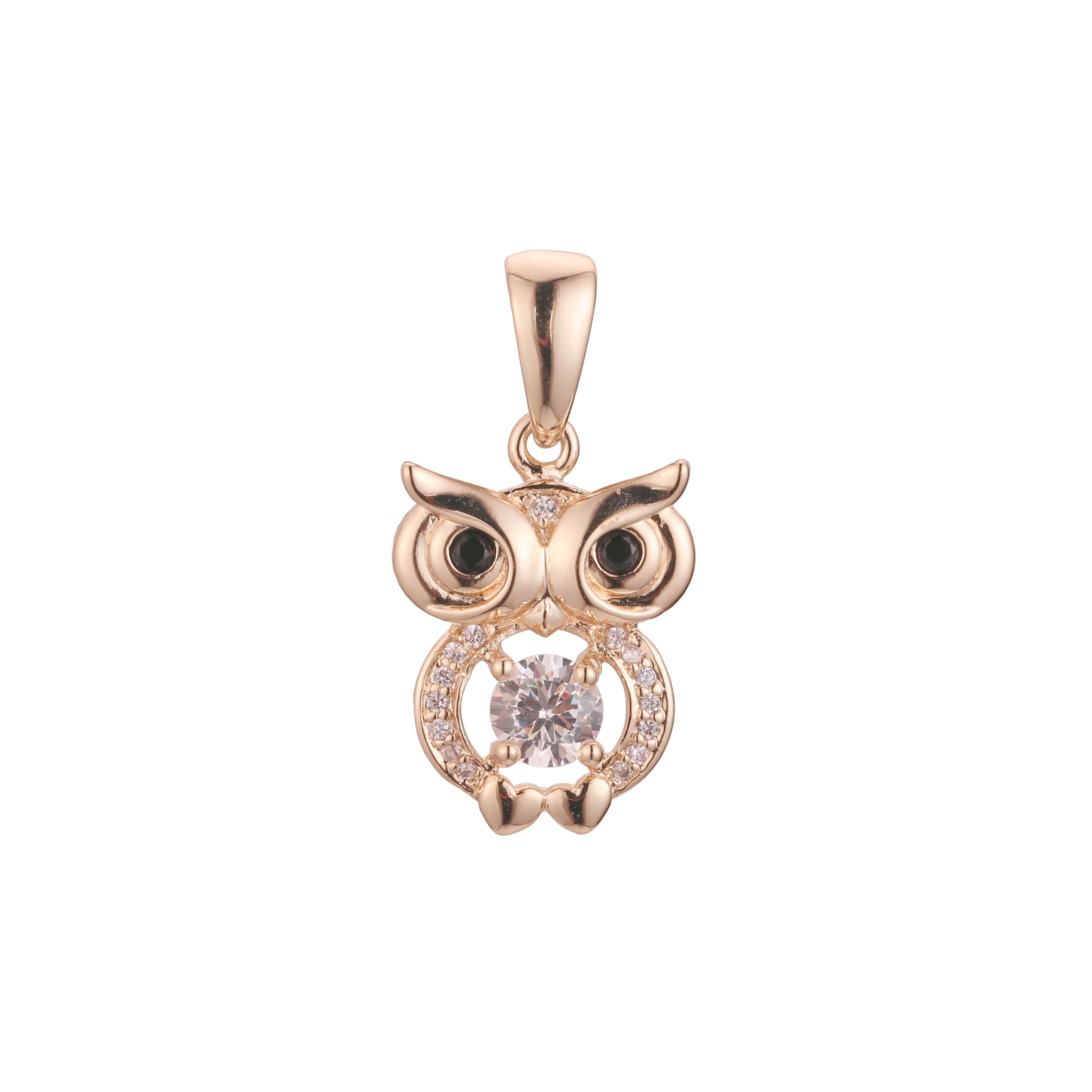 Owl animal pendant in 14K Gold, Rose Gold, 18K Gold plating colors