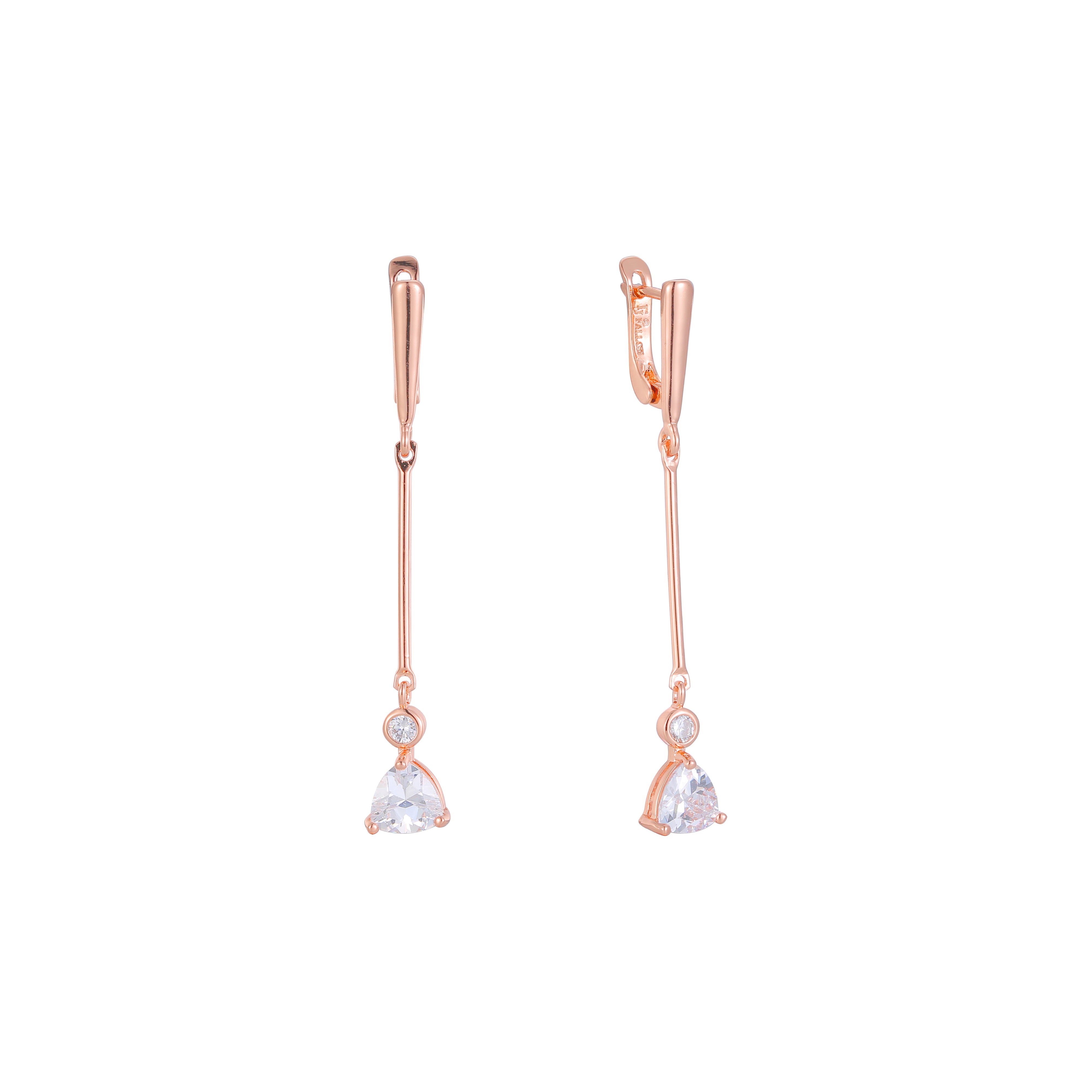 Solitaire long drop earrings plated in 14K Gold, Rose Gold colors