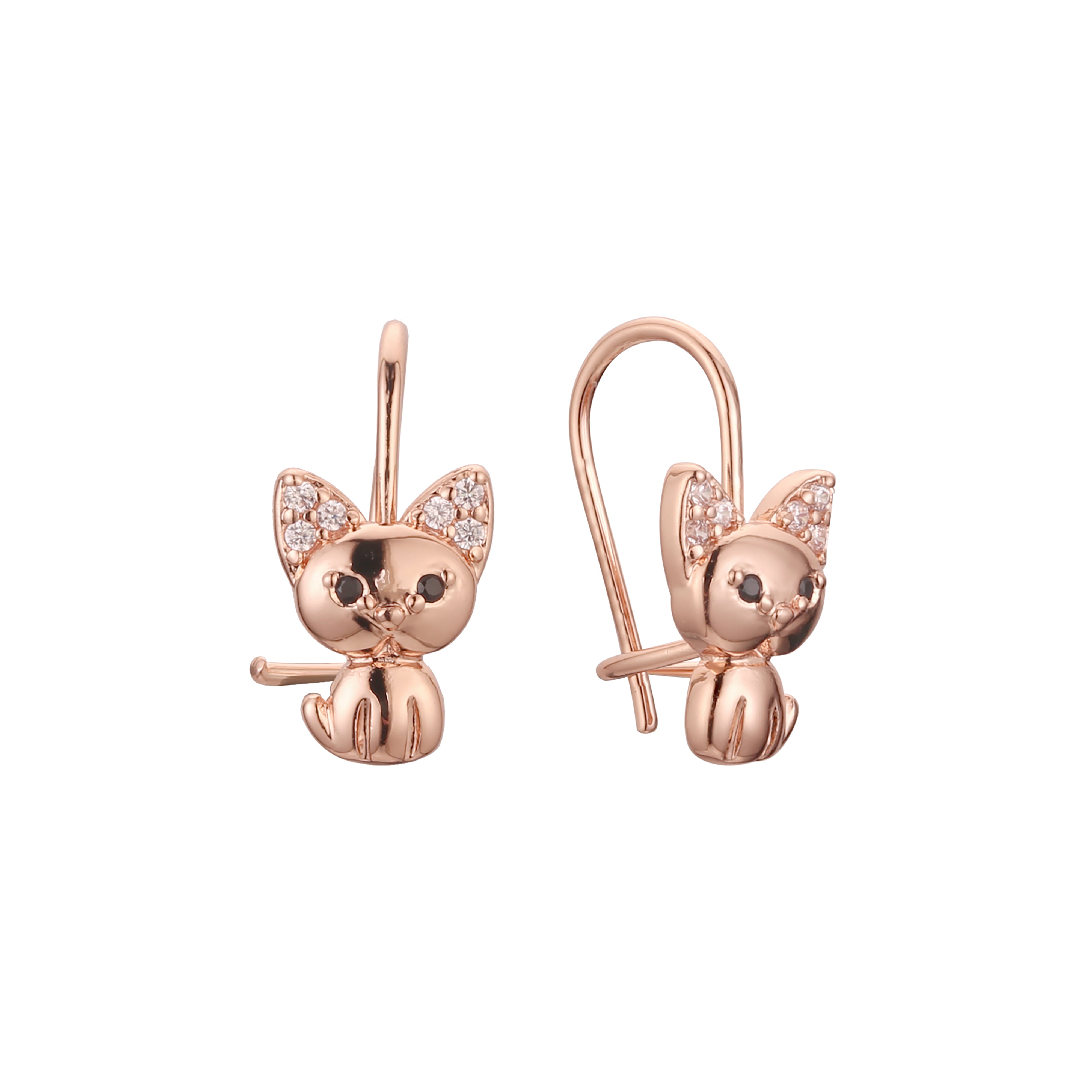 Wire hook cat cluster child earrings in 14K Gold, Rose Gold, two tone plating colors