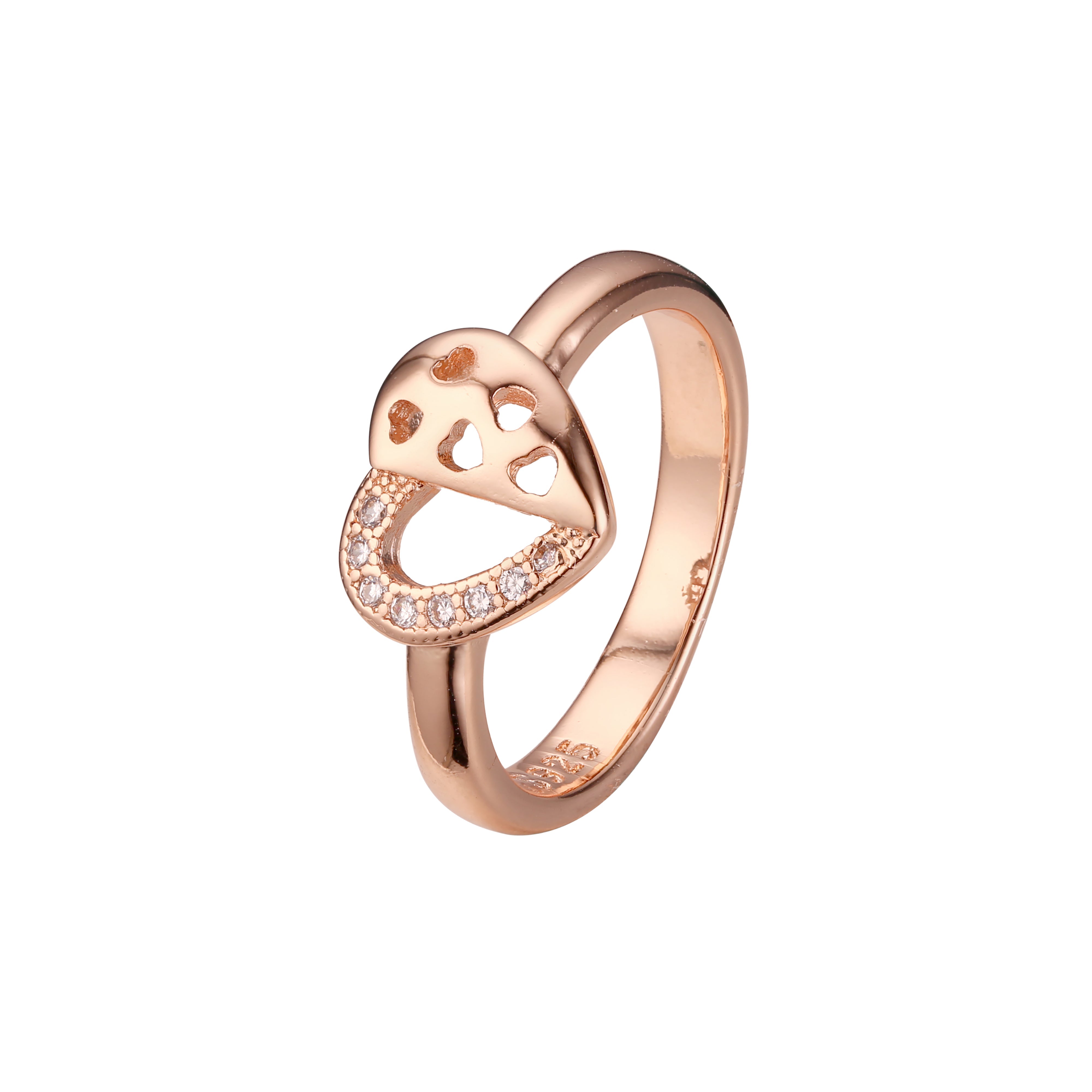 Corações de ouro rosa em anéis de meio coração