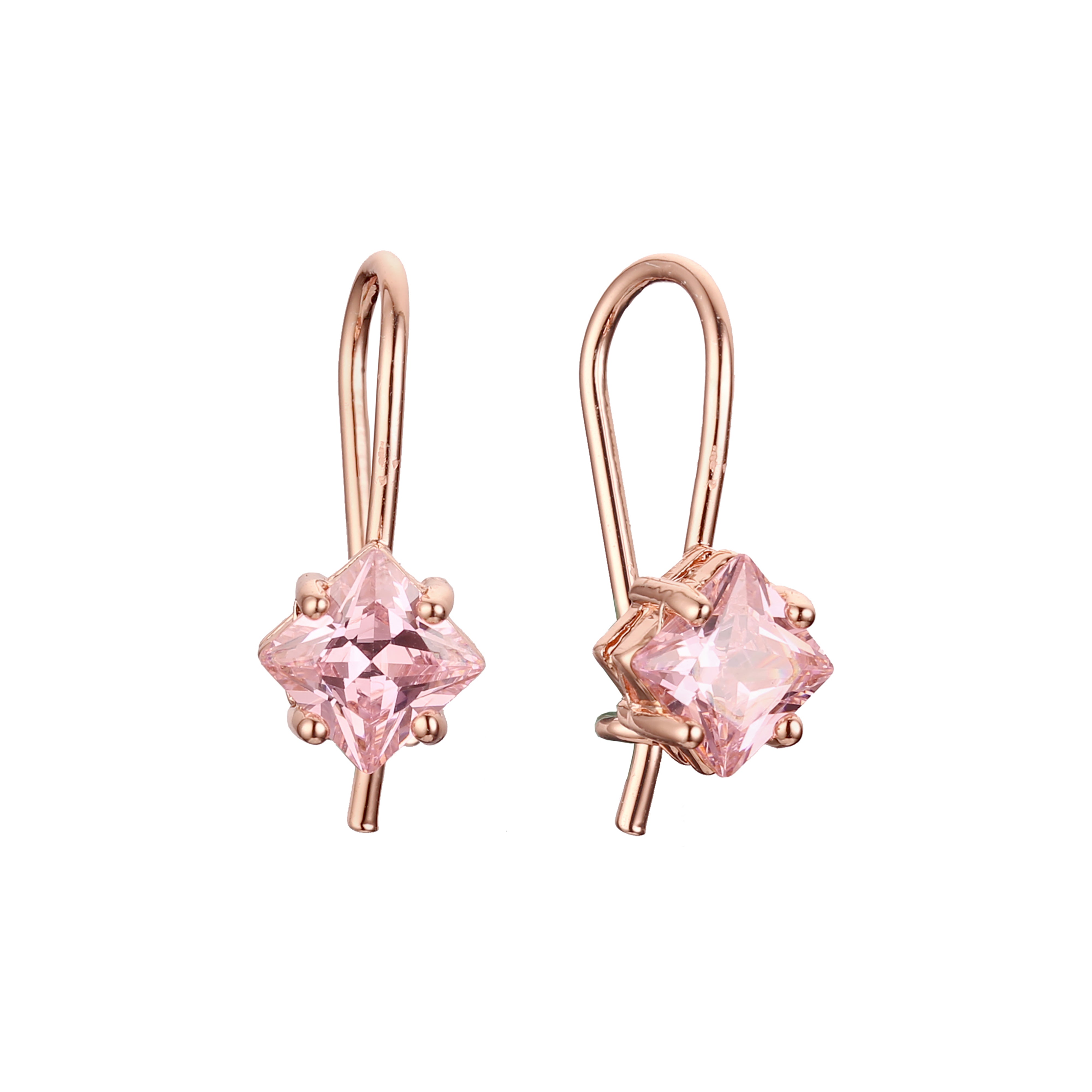 Solitaire squared CZ wire hook earrings in 14K Gold, Rose Gold, plating colors