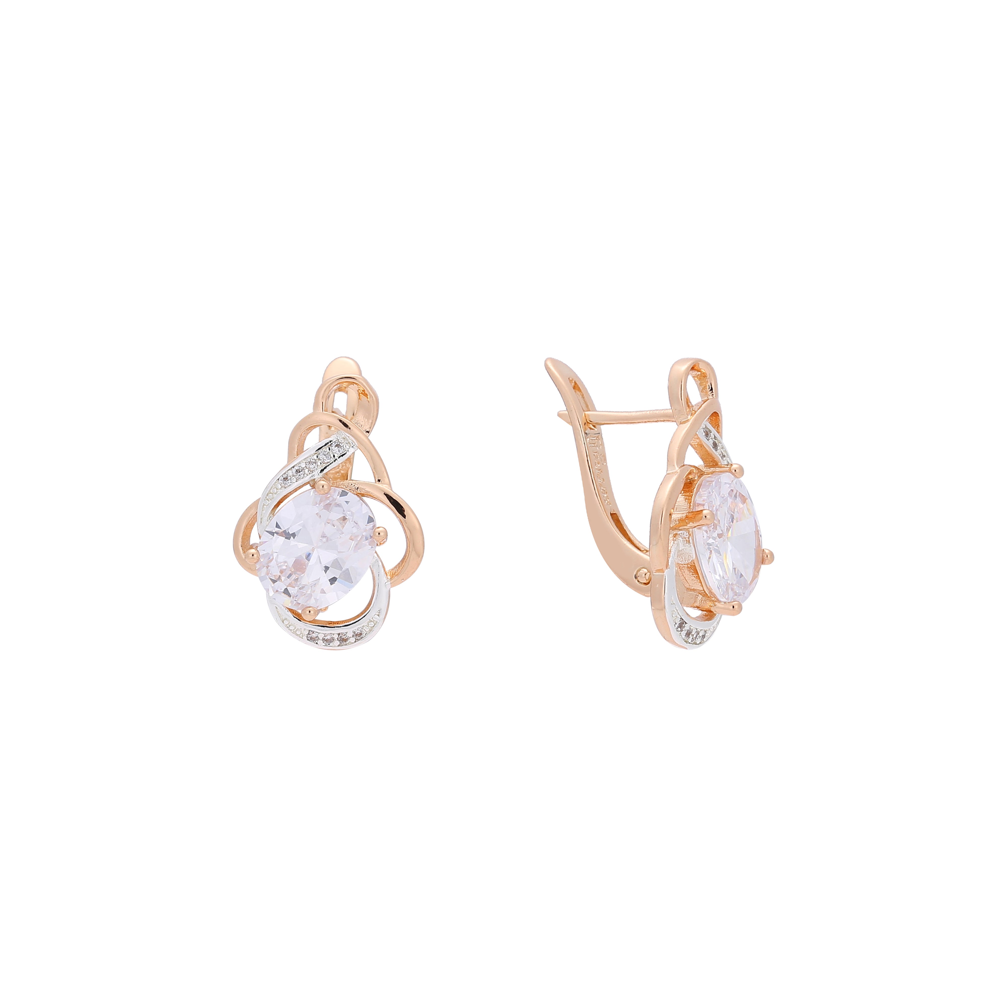 Solitaire big triangular CZ Rose Gold, two tone earrings