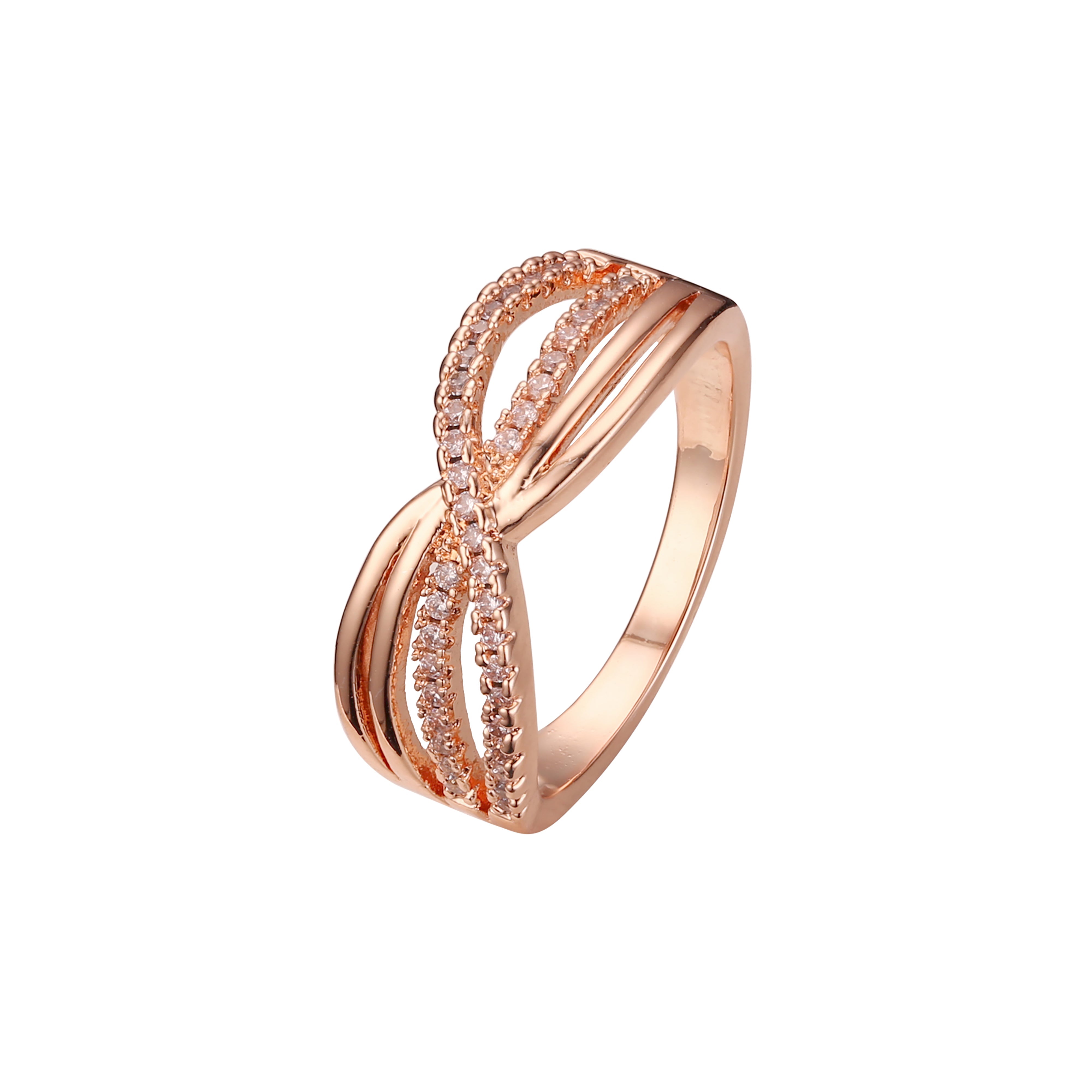 Anillos entrelazados cruzados de oro rosa adoquines