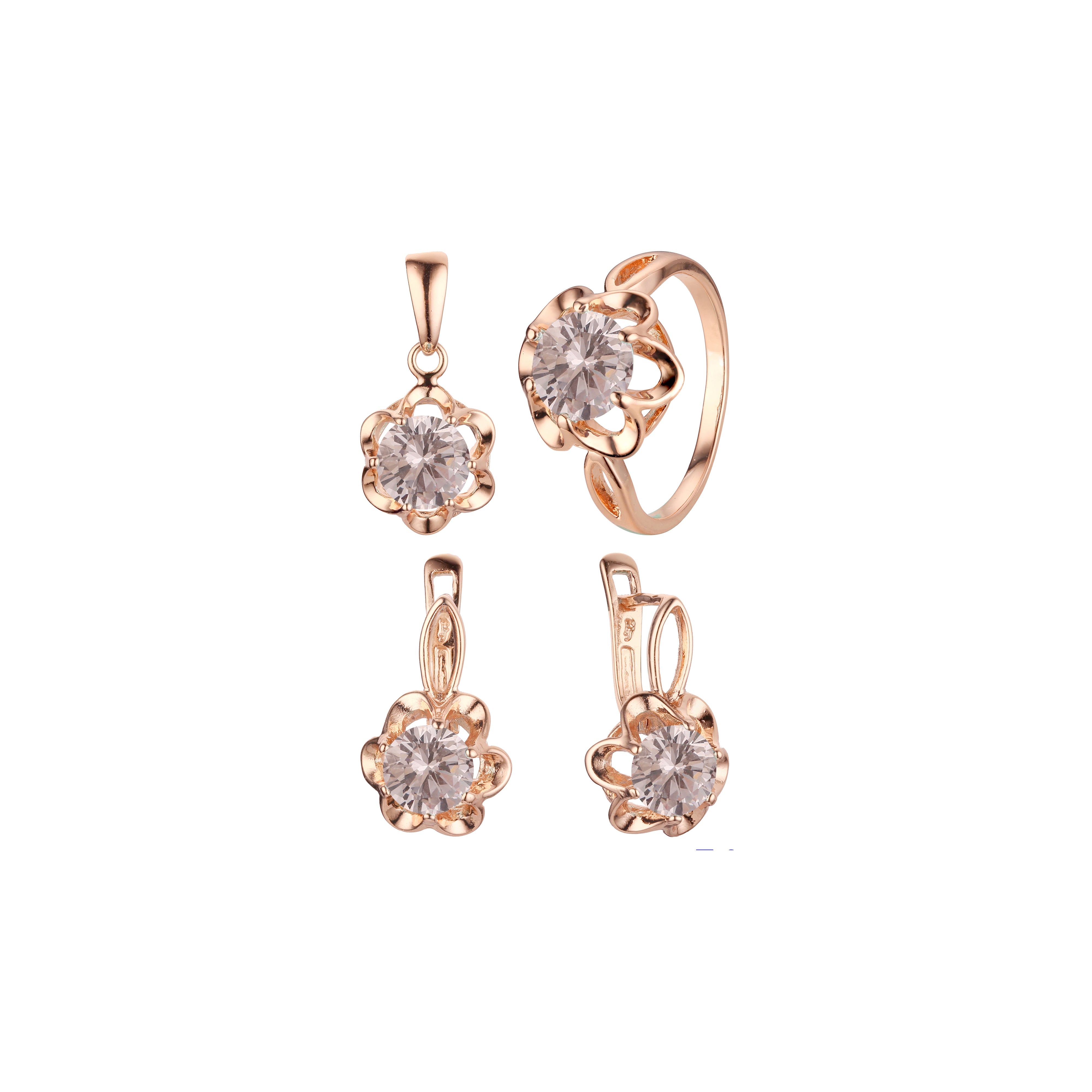 Solitaire flower big stone rings and pendant jewelry set plated in Rose Gold colors