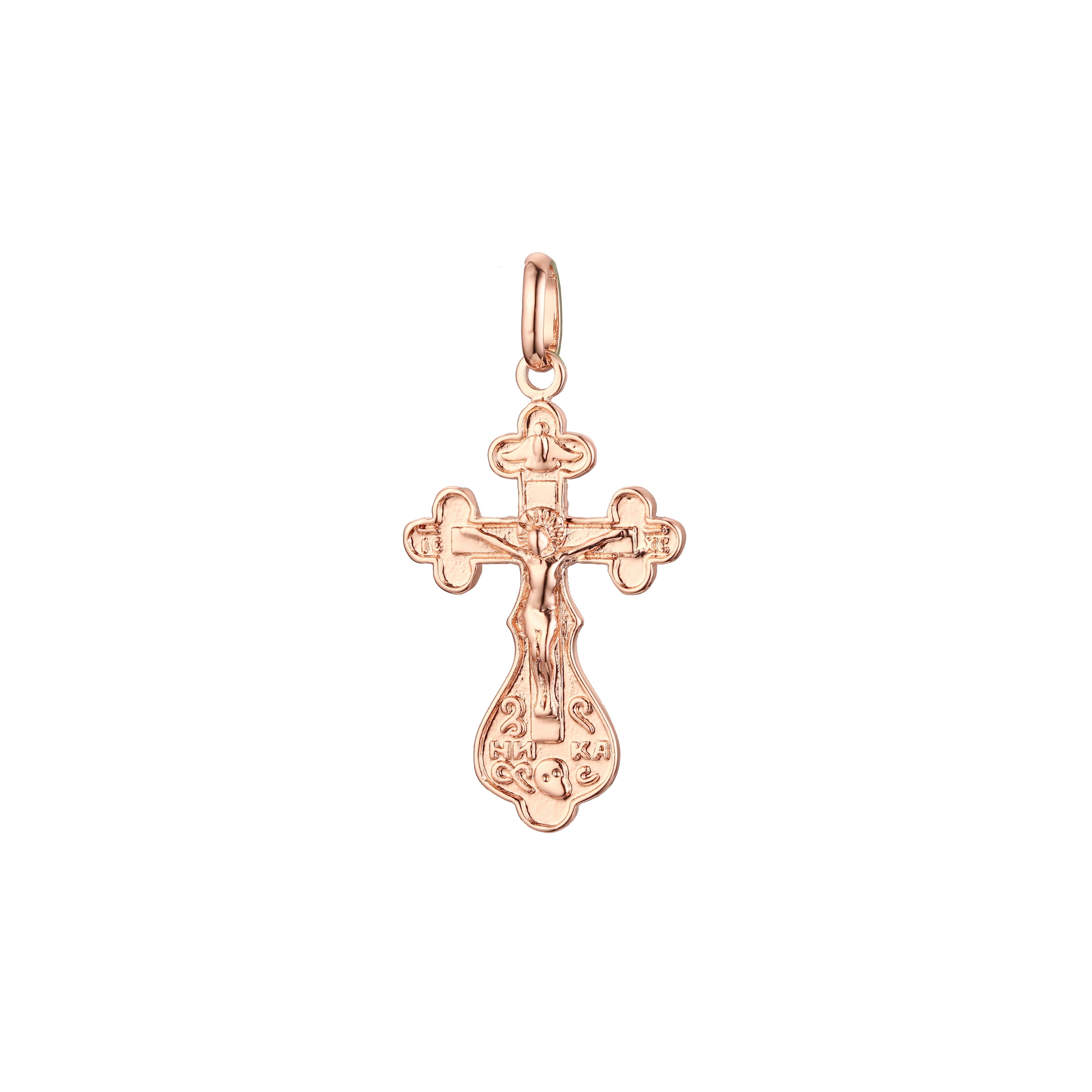 Colgante de cruz católica en flor con baño de Oro 14K, oro rosa y oro blanco.