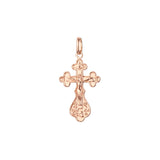 Colgante de cruz católica en flor con baño de Oro 14K, oro rosa y oro blanco.