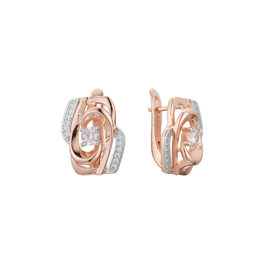 Rose petal centered solitaire CZ 14K Gold, Rose Gold, two tone earrings