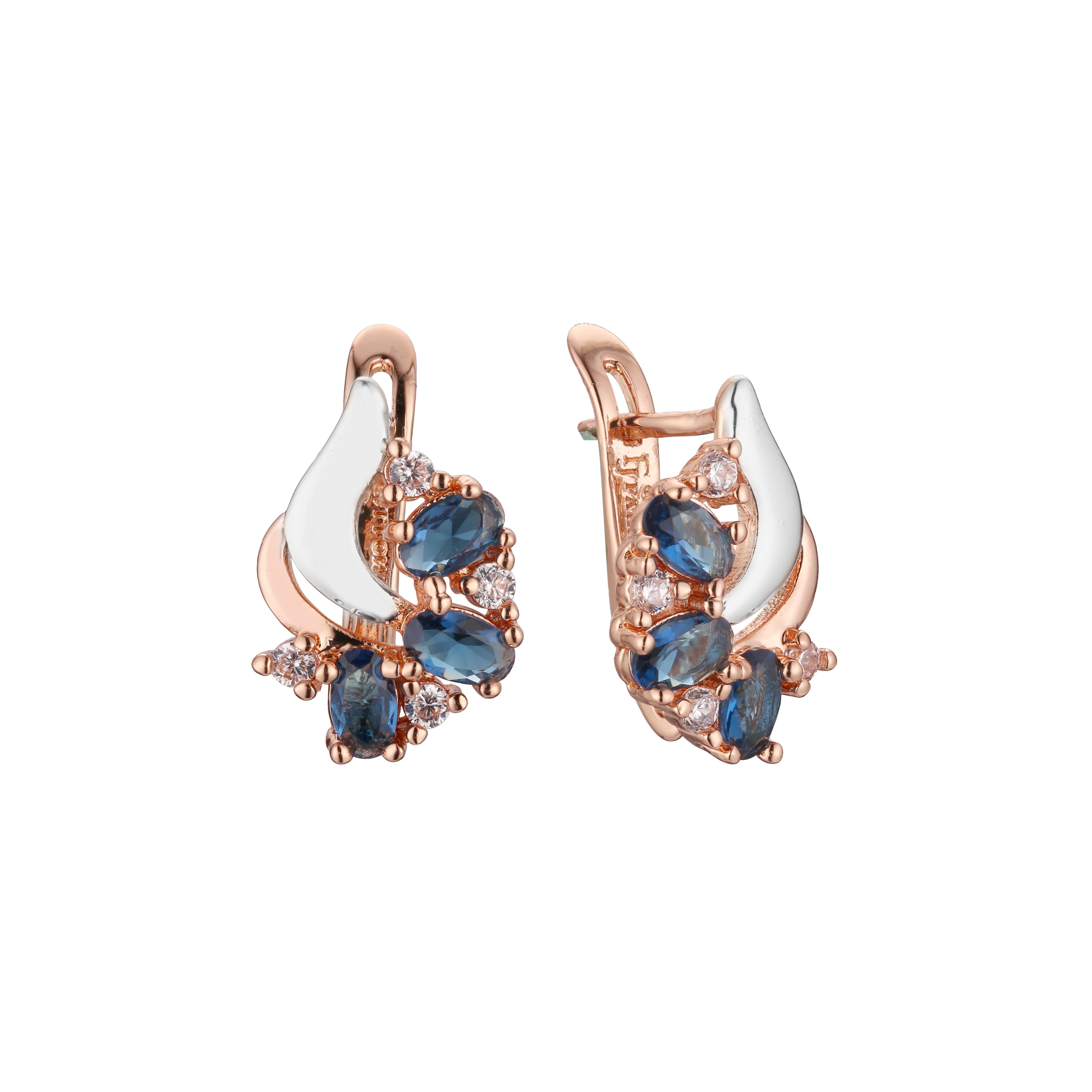 Aretes de racimo de tres piedras en Oro 14K, oro rosa, baño de dos colores