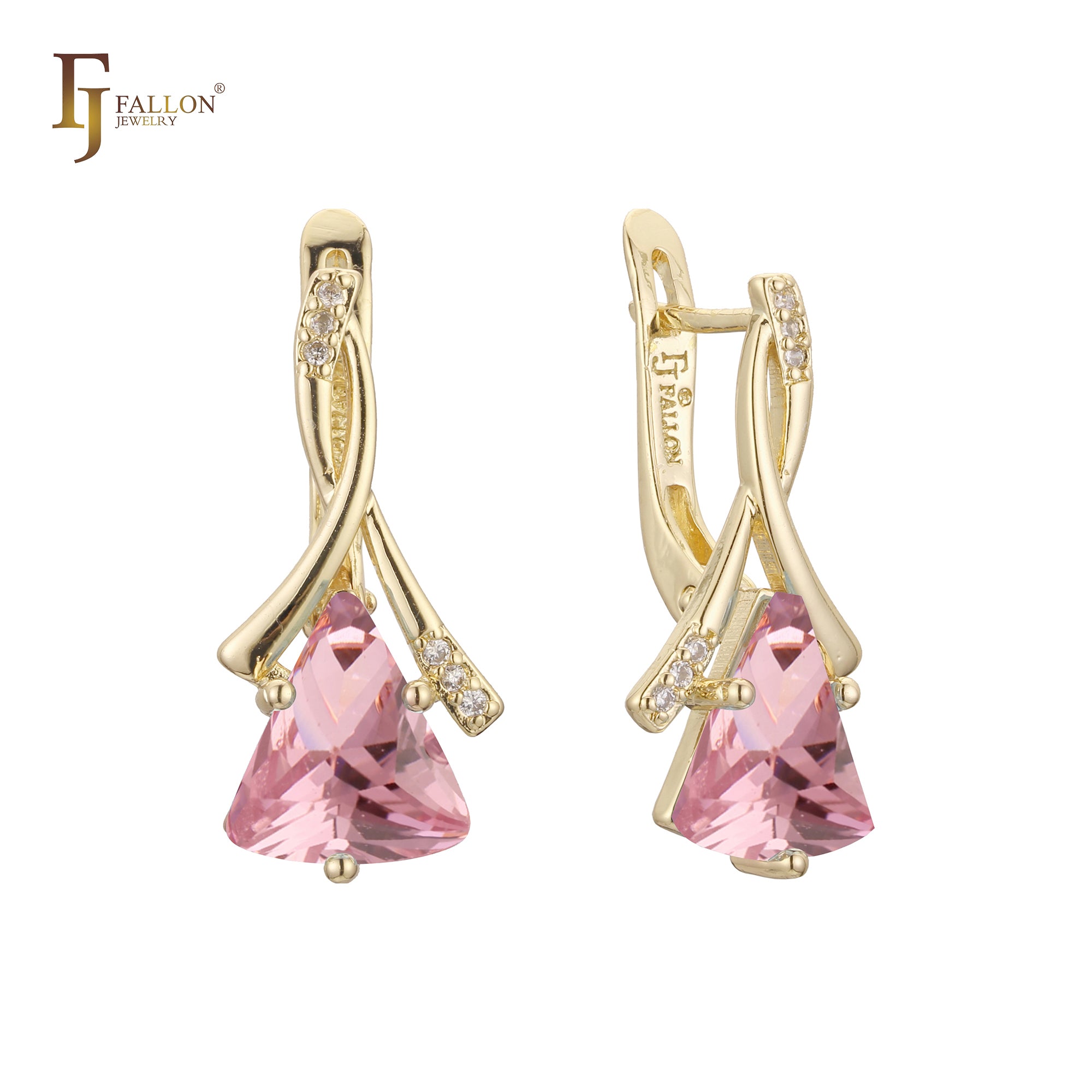 Solitaire elegant triangular colorful CZ 14K Gold, Rose Gold, two tone earrings